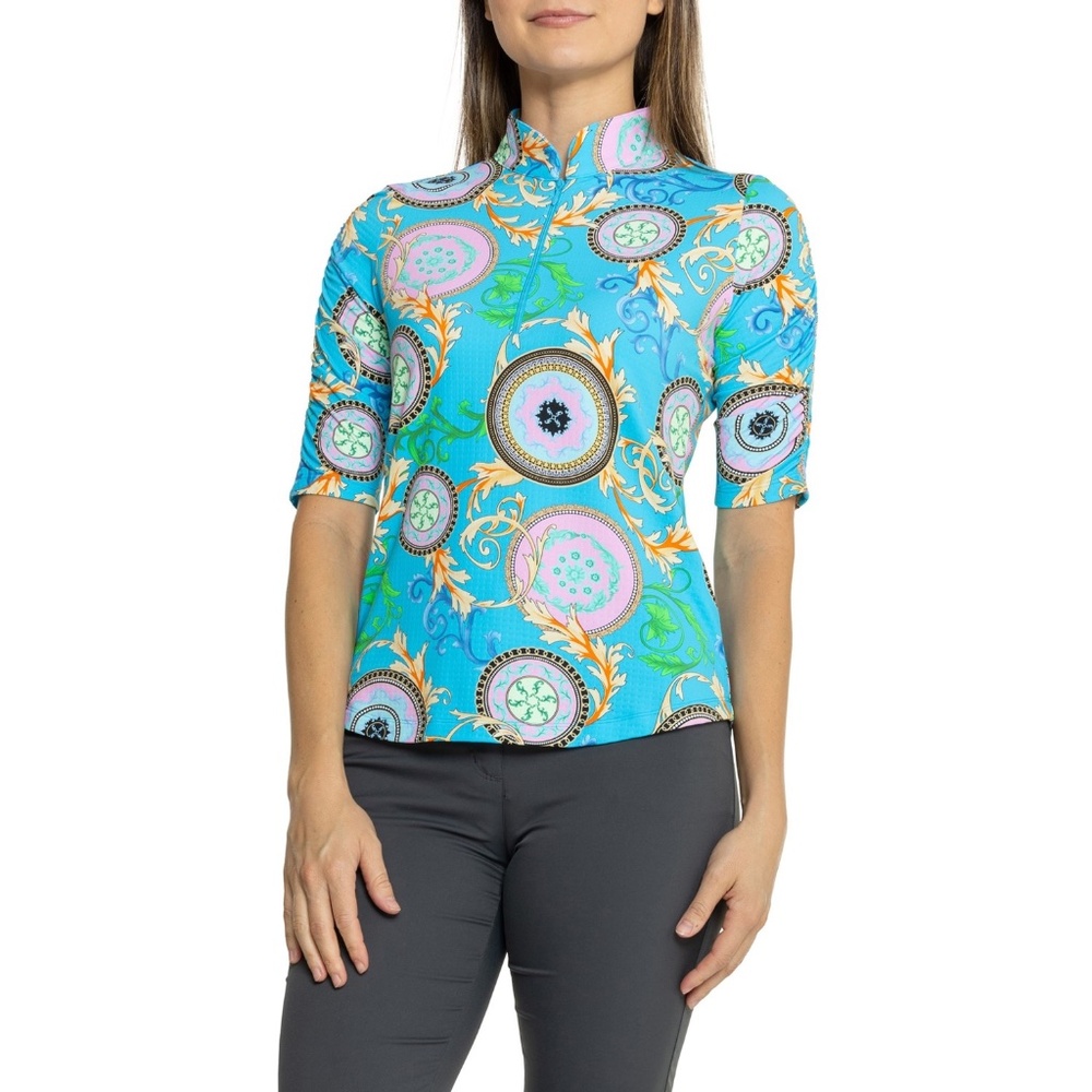 New IBKUL Debbie Print Ruched Elbow Length Sleeve Top UPF 50+ Size Small